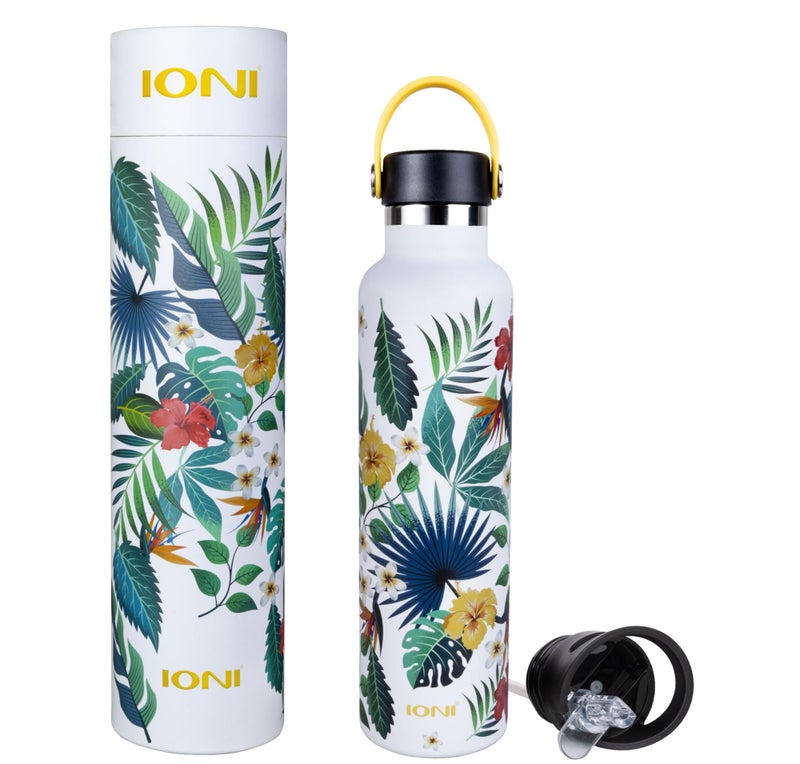 IONI Water Bottle for Women 24oz (2 Lids) - Designer Water Bottle White Tropical Art - BPA Free Stainless Steel Insulated Leakproof - Slim Water Bottle - Aesthetic Water Bottle with Straw - Image 2